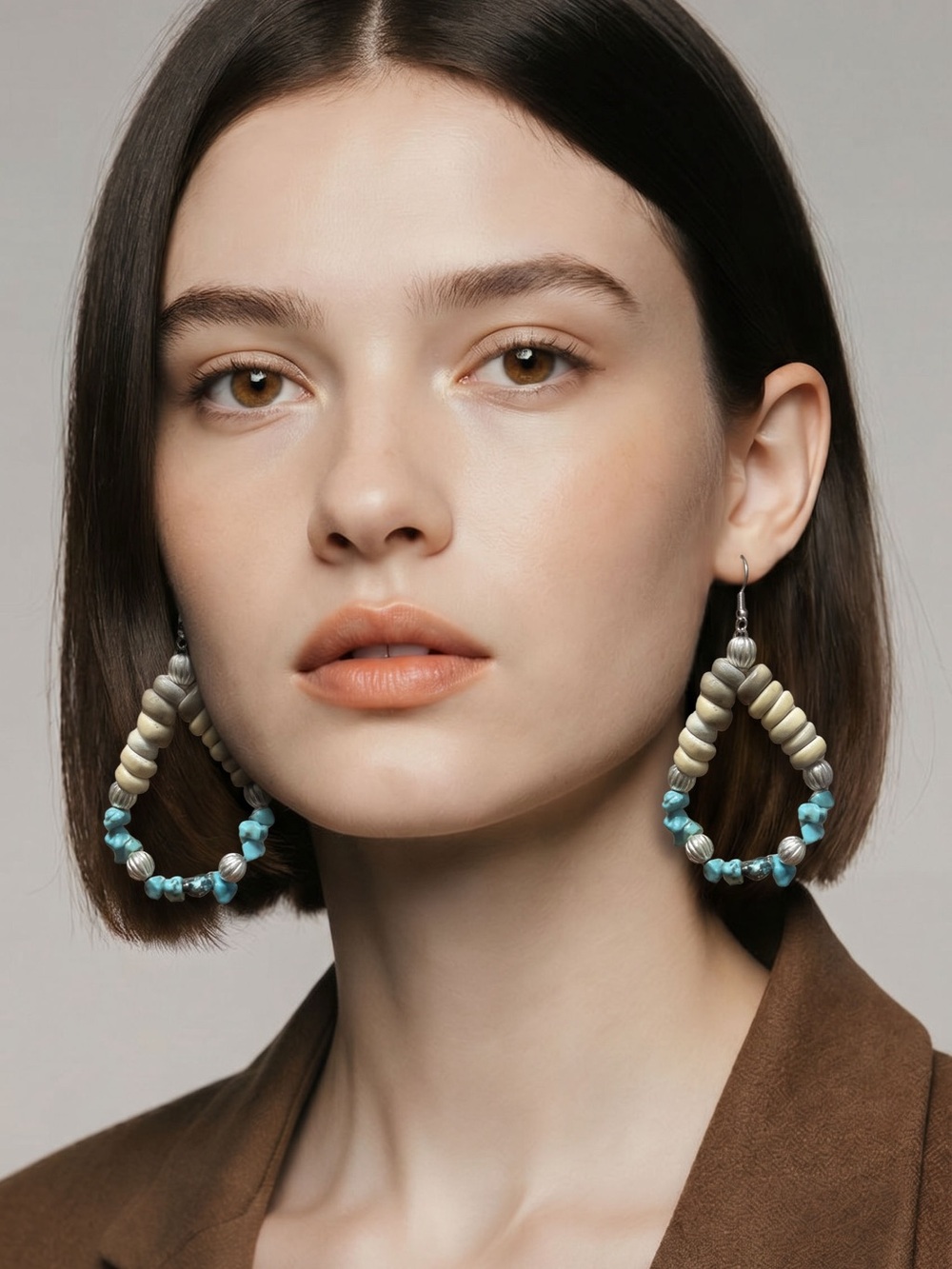 Beaded Teardrop Hoop Earrings in Turquoise and Creame☑️ - Picture 2 of 5